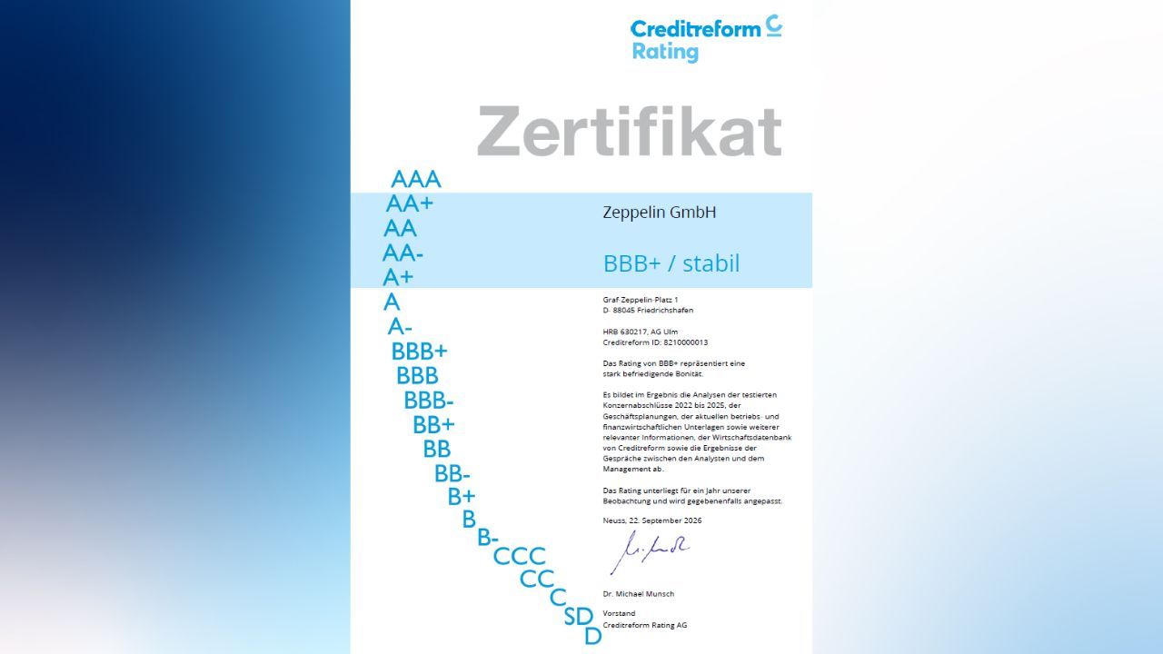 Creditreform Rating bewertet Zeppelin Gruppe erneut mit BBB+ und stabilem Ausblick